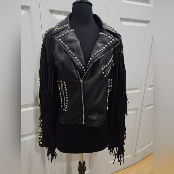 ~SOLD~ Dolls Kill Black Studded AZALEA WANG Ryder Fringe Faux Leather Jacket M - Picture 13 of 16